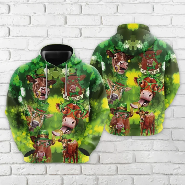 St Patrick Red Angus Cow All Over Printed Hoodie, Lucky Shamrock Printed Unisex Pullover Hoodie, Happy Patrick's Day Men's Fleece Hooded Sweatshirt