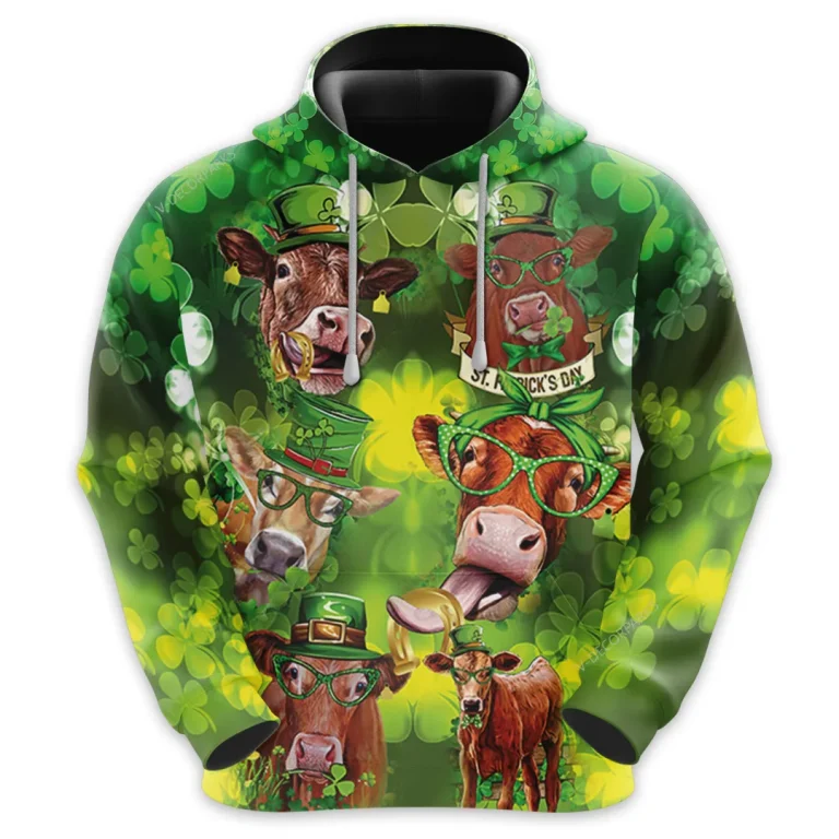 St Patrick Red Angus Cow All Over Printed Hoodie, Lucky Shamrock Printed Unisex Pullover Hoodie, Happy Patrick's Day Men's Fleece Hooded Sweatshirt