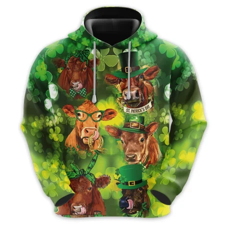 St Patrick Red Angus Cow All Over Printed Hoodie, Lucky Shamrock 3d Printed Unisex Pullover Hoodie, Happy Patrick's Day Men's Fleece Hooded Sweatshirt