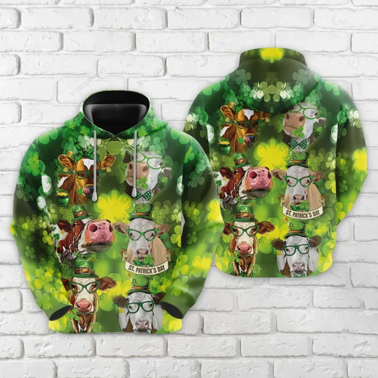 St Patrick Cow All Over Printed Hoodie For Men, Lucky Shamrock 3d Printed Unisex Pullover Hoodie, Happy Patrick's Day Men's Fleece Hooded Sweatshirt