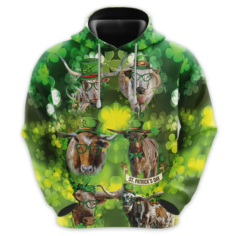 St Patrick Tx Longhorn Cow All Over Printed Hoodie, Lucky Shamrock Printed Unisex Pullover Hoodie, Happy Patrick's Day Men's Fleece Hooded Sweatshirt