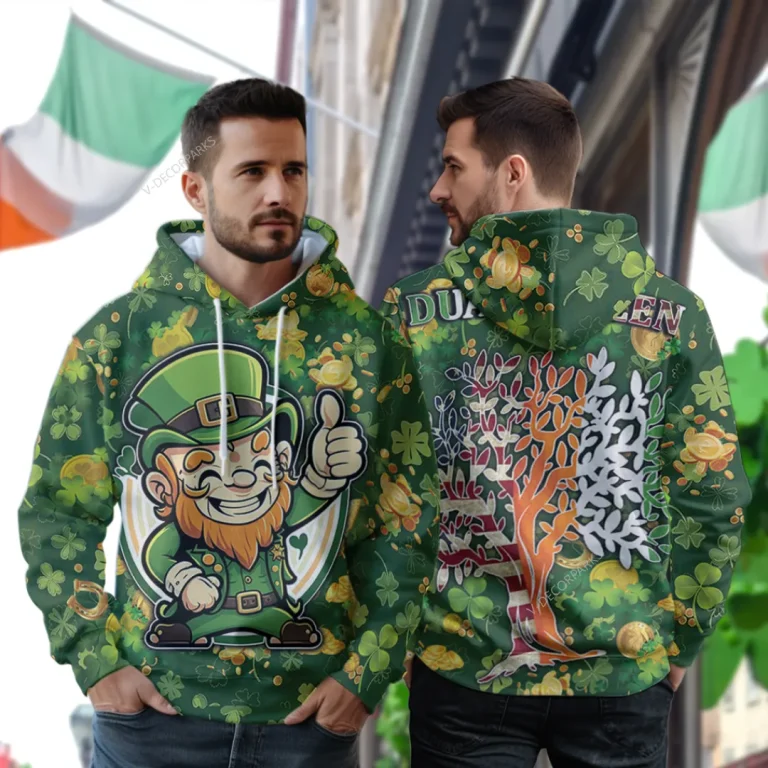 Happy Leprechaune All Over Printed Hoodie For Men, Irish Shamrock Printed Unisex Pullover Hoodie, Happy Patrick's Day Men's Fleece Hooded Sweatshirt