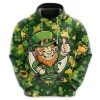 Happy Leprechaune All Over Printed Hoodie For Men, Irish Shamrock Printed Unisex Pullover Hoodie, Happy Patrick's Day Men's Fleece Hooded Sweatshirt