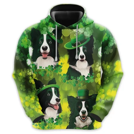 Patrick Border Collie Dog All Over Printed Hoodie For Men, Irish Shamrock Printed Unisex Pullover Hoodie, Patrick's Day Men's Fleece Hooded Sweatshirt