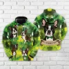 Saint Patrick Boston Dog All Over Printed Hoodie For Men, Irish Shamrock Printed Unisex Pullover Hoodie, Patrick's Day Men's Fleece Hooded Sweatshirt