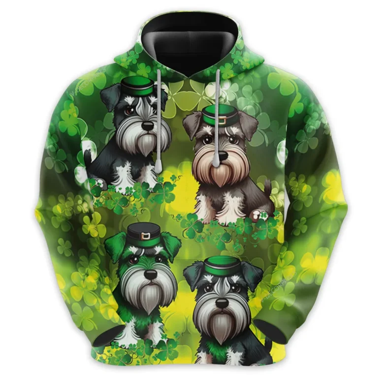 St Patrick Schnauzer Dog All Over Printed Hoodie For Men, Irish Shamrock Printed Unisex Pullover Hoodie, Patrick's Day Men's Fleece Hooded Sweatshirt