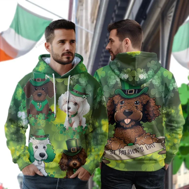 Saint Patrick Poodle Dog All Over Printed Hoodie For Men, Irish Shamrock Printed Unisex Pullover Hoodie, Patrick's Day Men's Fleece Hooded Sweatshirt