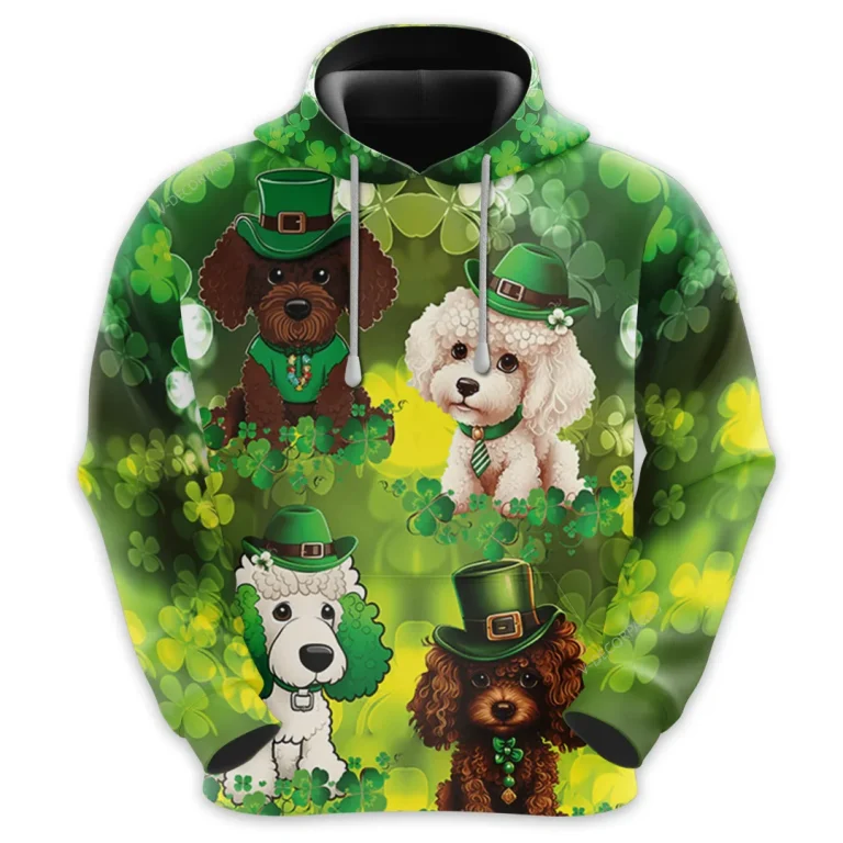 Saint Patrick Poodle Dog All Over Printed Hoodie For Men, Irish Shamrock Printed Unisex Pullover Hoodie, Patrick's Day Men's Fleece Hooded Sweatshirt