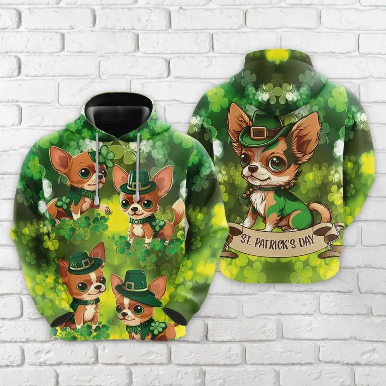 St Patrick Chihuahua Dog All Over Printed Hoodie For Men, Irish Shamrock Printed Unisex Pullover Hoodie, Patrick's Day Men's Fleece Hooded Sweatshirt