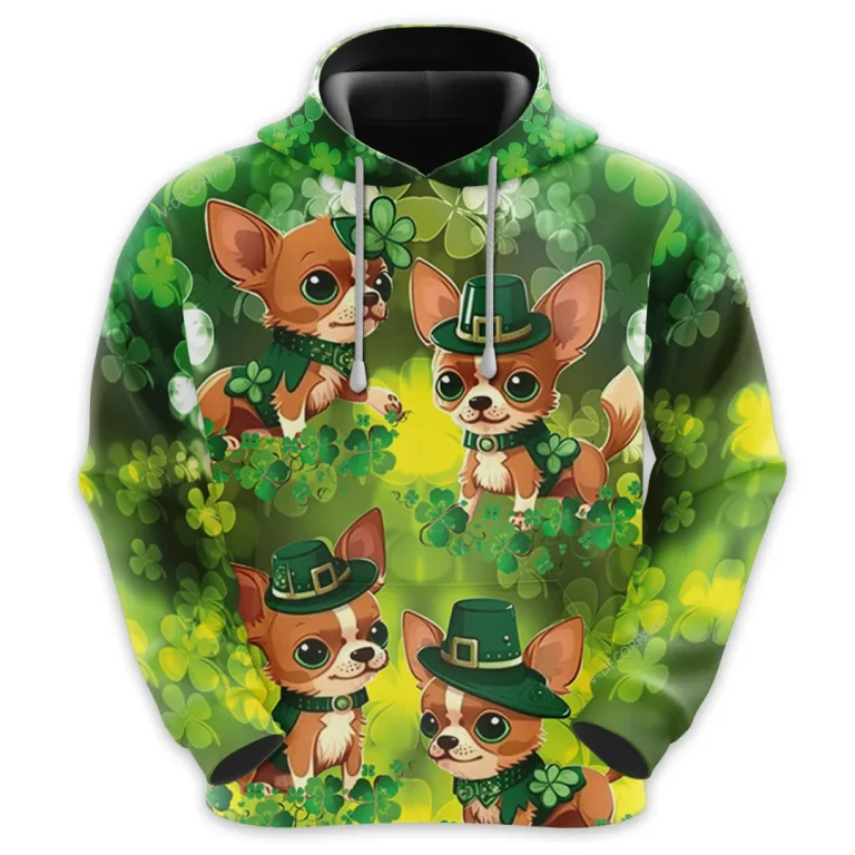 St Patrick Chihuahua Dog All Over Printed Hoodie For Men, Irish Shamrock Printed Unisex Pullover Hoodie, Patrick's Day Men's Fleece Hooded Sweatshirt