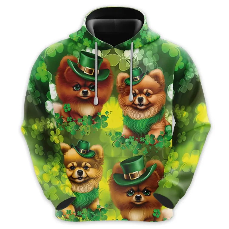 Patrick Pomeranian Dog All Over Printed Hoodie For Men, Irish Shamrock Printed Unisex Pullover Hoodie, Patrick's Day Men's Fleece Hooded Sweatshirt