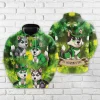 Saint Patrick Husky Dog All Over Printed Hoodie For Men, Irish Shamrock Printed Unisex Pullover Hoodie, Patrick's Day Men's Fleece Hooded Sweatshirt