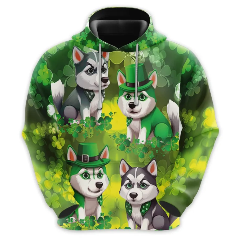 Saint Patrick Husky Dog All Over Printed Hoodie For Men, Irish Shamrock Printed Unisex Pullover Hoodie, Patrick's Day Men's Fleece Hooded Sweatshirt