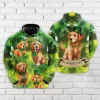 Saint Patrick Golden Dog All Over Printed Hoodie For Men, Irish Shamrock Printed Unisex Pullover Hoodie, Patrick's Day Men's Fleece Hooded Sweatshirt