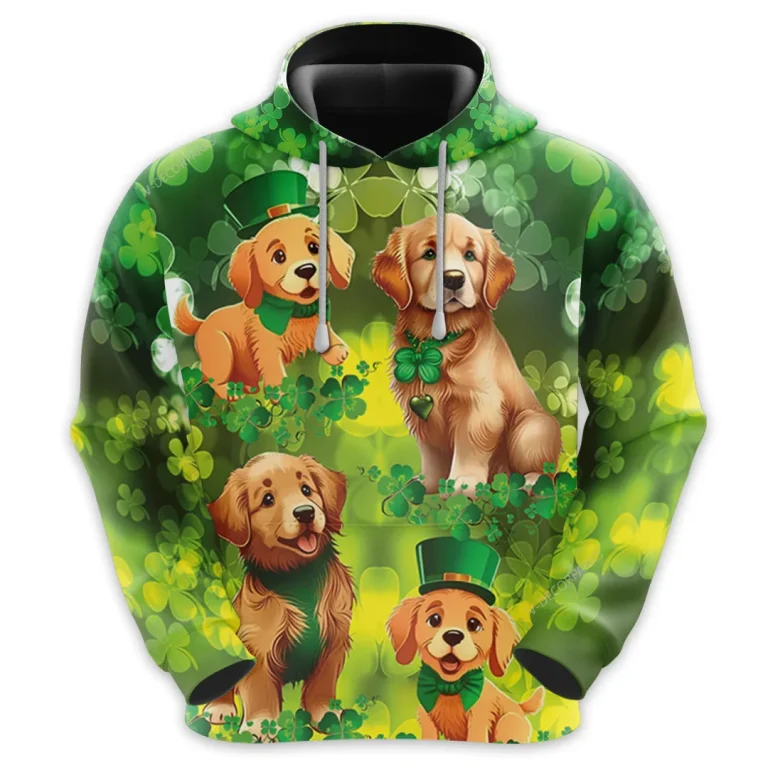 Saint Patrick Golden Dog All Over Printed Hoodie For Men, Irish Shamrock Printed Unisex Pullover Hoodie, Patrick's Day Men's Fleece Hooded Sweatshirt