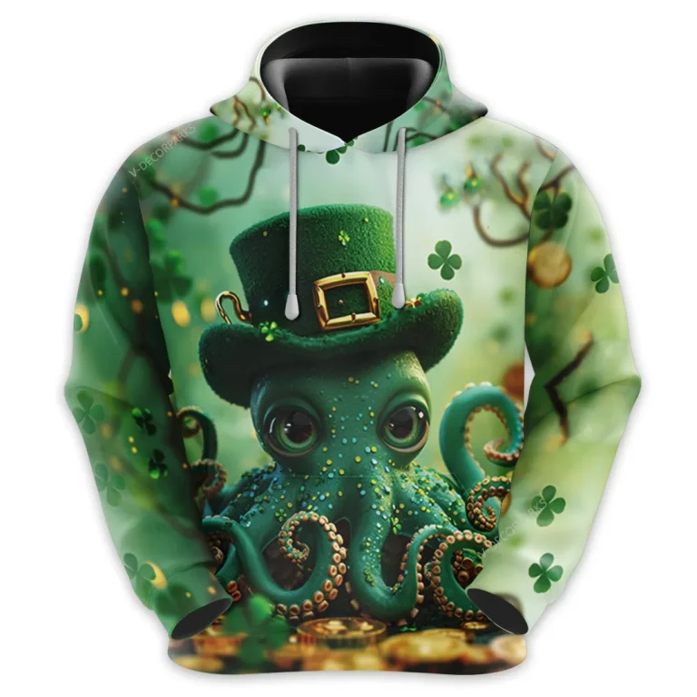 Leprechaun Octopus 3d All Over Printed Hoodie For Men, Irish Octopus Print Unisex Pullover Hoodie, Happy Patrick's Day Men's Fleece Hooded Sweatshirt