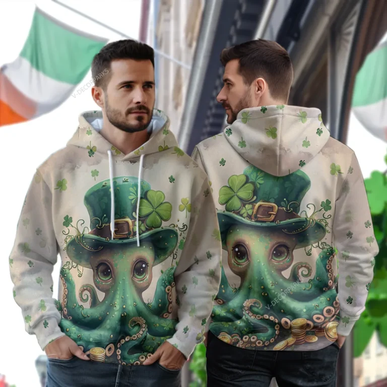 Irish Octopus 3d All Over Printed Hoodie For Men, Leprechaun Octopus Print Unisex Pullover Hoodie,happy Patrick's Day Men's Fleece Hooded Sweatshirt