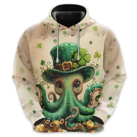 Irish Octopus 3d All Over Printed Hoodie For Men, Leprechaun Octopus Print Unisex Pullover Hoodie,happy Patrick's Day Men's Fleece Hooded Sweatshirt