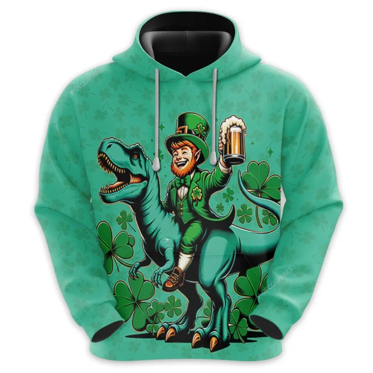 Leprechaun Riding Dinosaur 3d All Over Printed Hoodie, Green Shamrock Print Unisex Pullover Hoodie,happy Patrick's Day Men's Fleece Hooded Sweatshirt