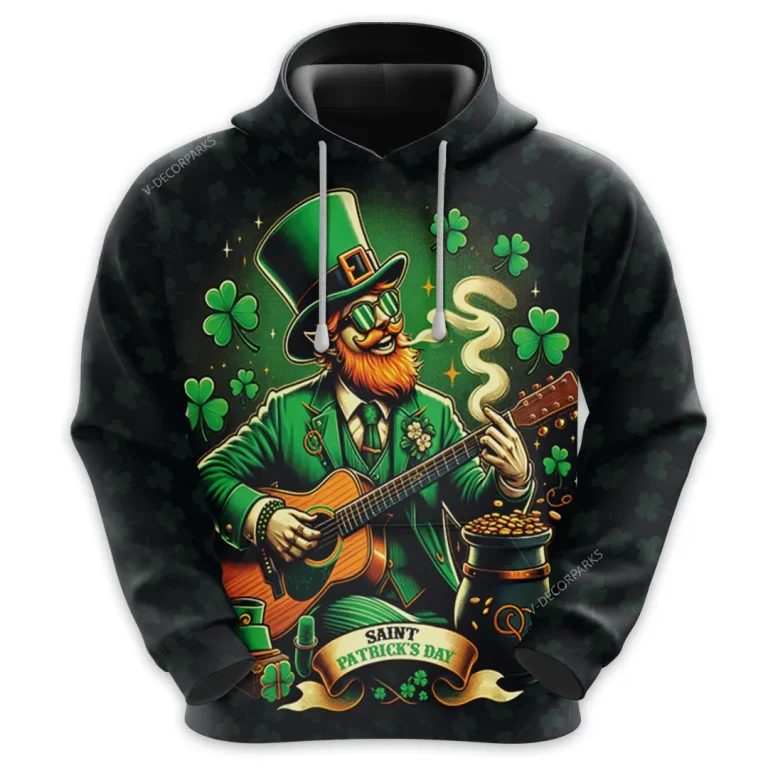 Leprechaun Playing Guitar 3d All Over Printed Hoodie, Irish Shamrock Print Unisex Pullover Hoodie, Happy Patrick's Day Men's Fleece Hooded Sweatshirt