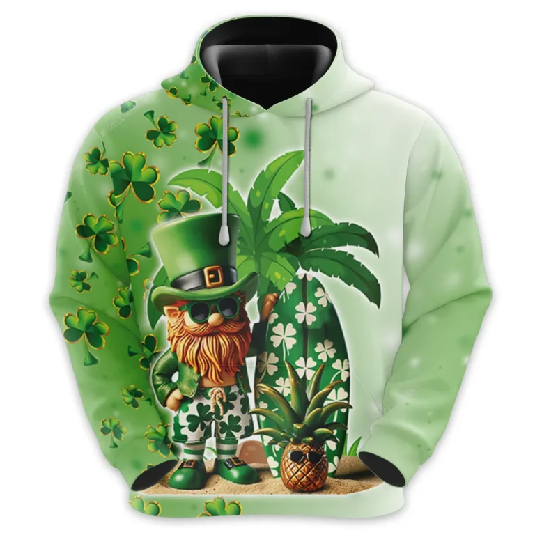 Leprechaun Surfing 3d All Over Printed Hoodie For Men, Irish Shamrock Print Unisex Pullover Hoodie, Happy Patrick's Day Men's Fleece Hooded Sweatshirt