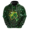 Lucky Green Shamrock All Over Printed Hoodie For Men, Irish Shamrock Print Unisex Pullover Hoodie, Happy Patrick's Day Men's Fleece Hooded Sweatshirt