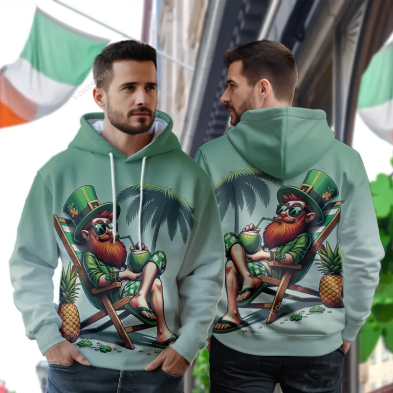 Funny Leprechaun All Over Printed Hoodie For Men, Summer Beach Party Print Unisex Pullover Hoodie, Happy Patrick's Day Men's Fleece Hooded Sweatshirt