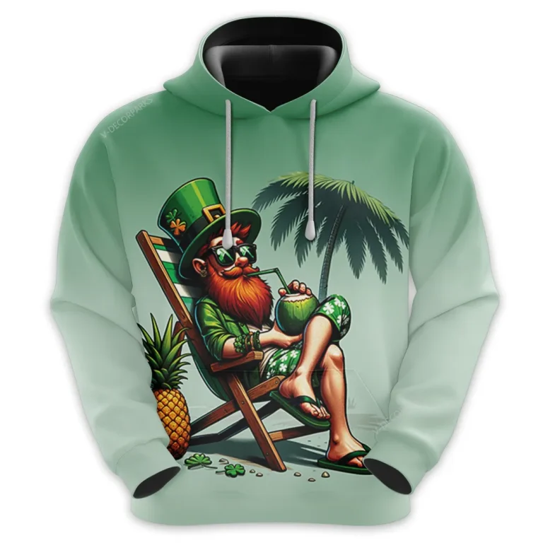 Funny Leprechaun All Over Printed Hoodie For Men, Summer Beach Party Print Unisex Pullover Hoodie, Happy Patrick's Day Men's Fleece Hooded Sweatshirt