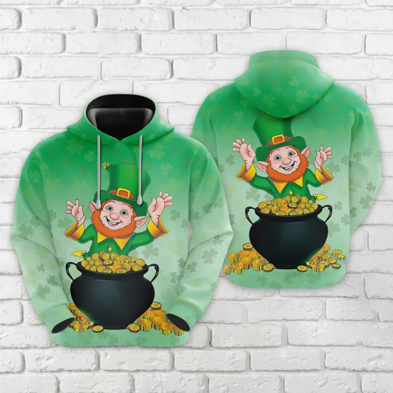 Funny Leprechaun All Over Printed Hoodie For Men, Irish Pot Of Gold Print Unisex Pullover Hoodie, Happy Patrick's Day Men's Fleece Hooded Sweatshirt