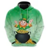 Funny Leprechaun All Over Printed Hoodie For Men, Irish Pot Of Gold Print Unisex Pullover Hoodie, Happy Patrick's Day Men's Fleece Hooded Sweatshirt