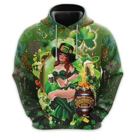 Beautiful Female Leprechaun All Over Printed Hoodie, Beer Party Print Unisex Pullover Hoodie, Happy Patrick's Day Men's Fleece Hooded Sweatshirt