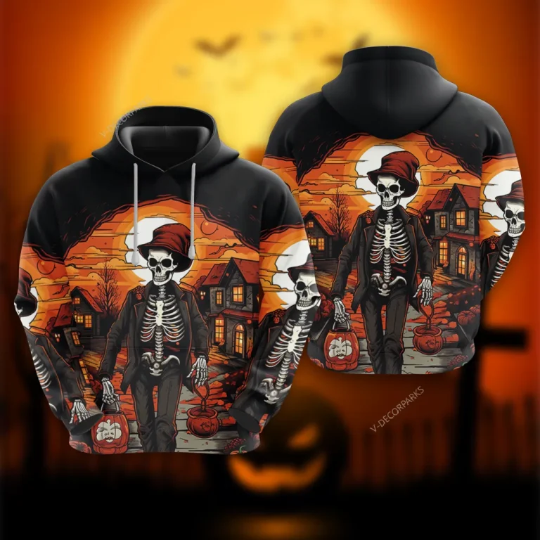 Halloween Skeleton 3d All Over Printed Hoodie, Scary Night Trick Or Treat Men's Fleece Hooded Sweatshirt, Spooky Season Unisex Casual Pullover Hoodie