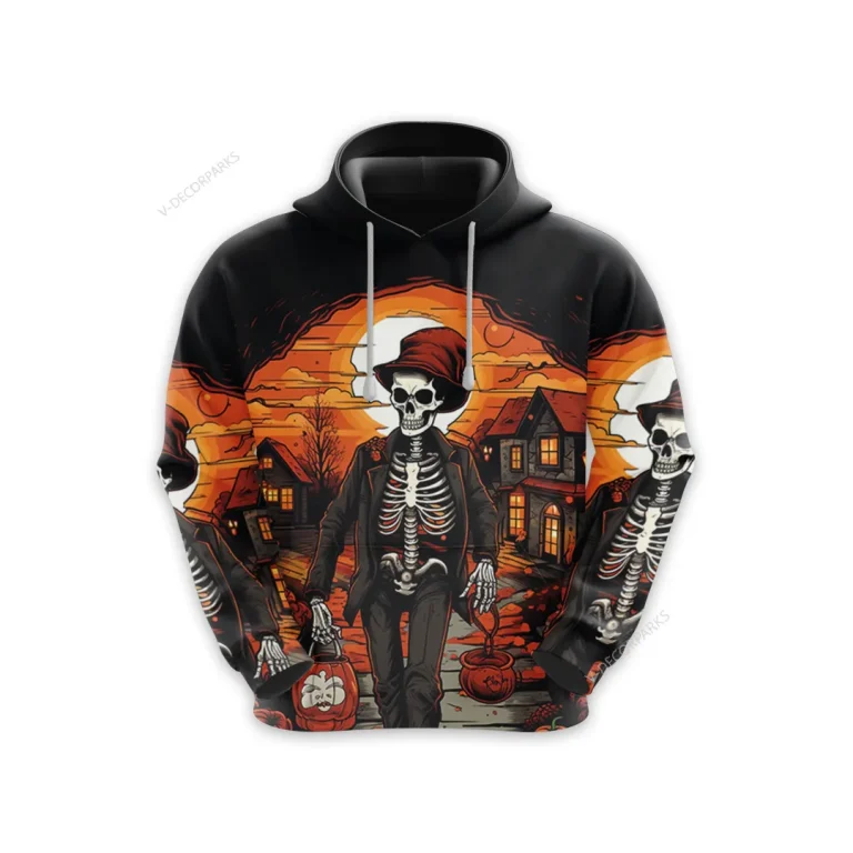 Halloween Skeleton 3d All Over Printed Hoodie, Scary Night Trick Or Treat Men's Fleece Hooded Sweatshirt, Spooky Season Unisex Casual Pullover Hoodie