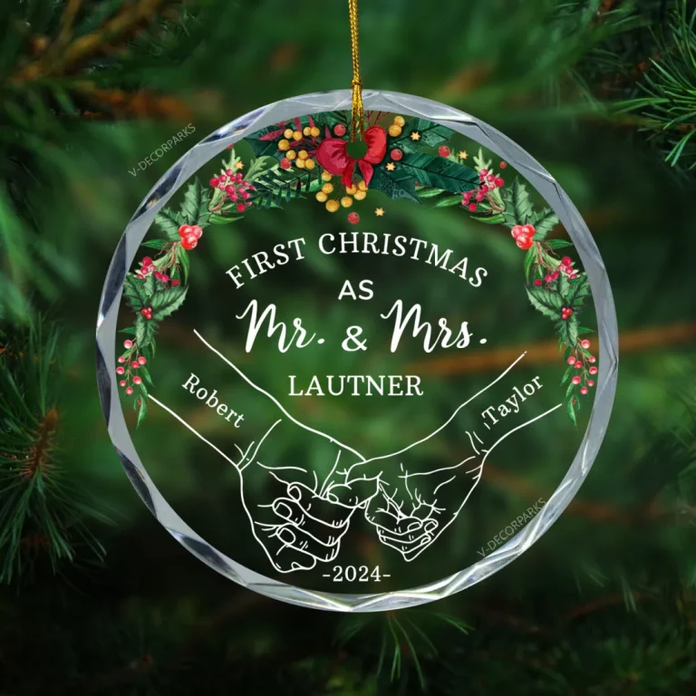 Personalized Our First Christmas As Mr Mrs Glass Ornament, Holding Hands Married Ornaments, Custom Couple Christmas Ornament, Newlywed Gift