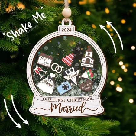 Custom Our First Christmas Married Ornament 2024, First Christmas As Mr & Mrs Ornament, Wedding Shaker Ornament, Engaged Christmas Ornament