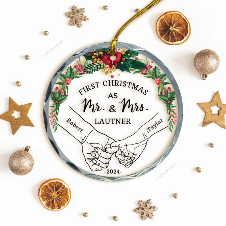 Personalized Our First Christmas As Mr Mrs Glass Ornament, Holding Hands Married Ornaments, Custom Couple Christmas Ornament, Newlywed Gift