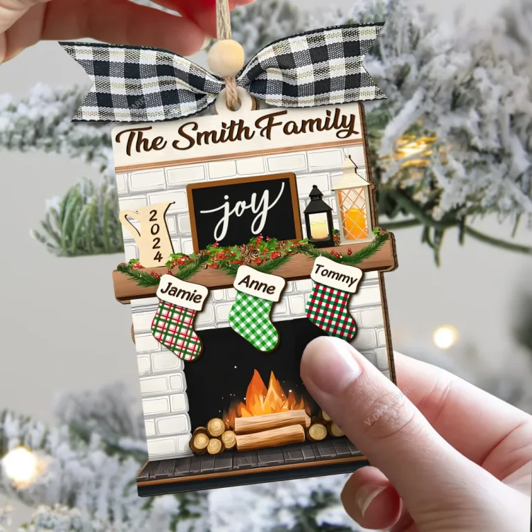 Personalized Family Stocking Fireplace Christmas Ornament, Custom Family Name Christmas Ornament, Custom Stocking Family Fireplace Ornament,