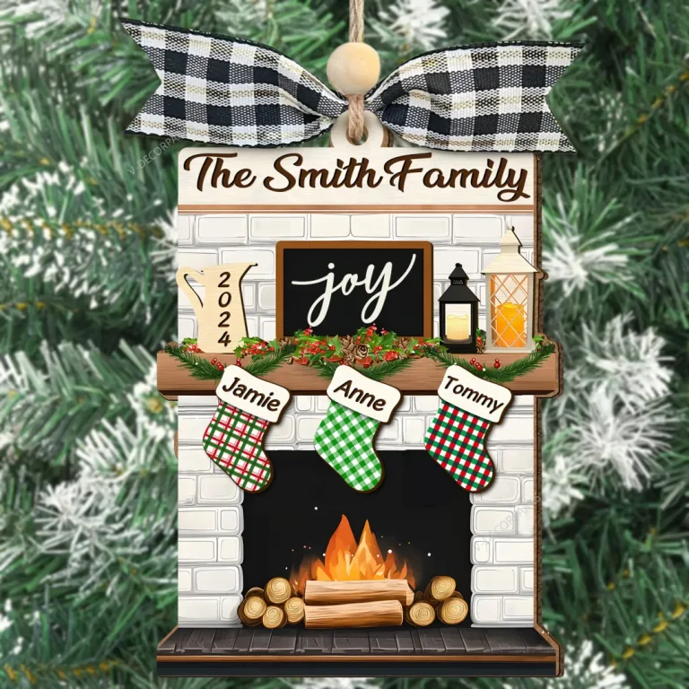 Personalized Family Stocking Fireplace Christmas Ornament, Custom Family Name Christmas Ornament, Custom Stocking Family Fireplace Ornament,