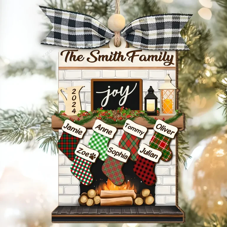 Personalized Family Stocking Fireplace Christmas Ornament, Custom Family Name Christmas Ornament, Custom Stocking Family Fireplace Ornament,